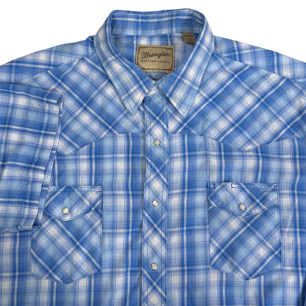 Wrangler Western Pearl Snap Shirt Mens 2XL Plaid Short Sleeve Blue Yoke Cowboy